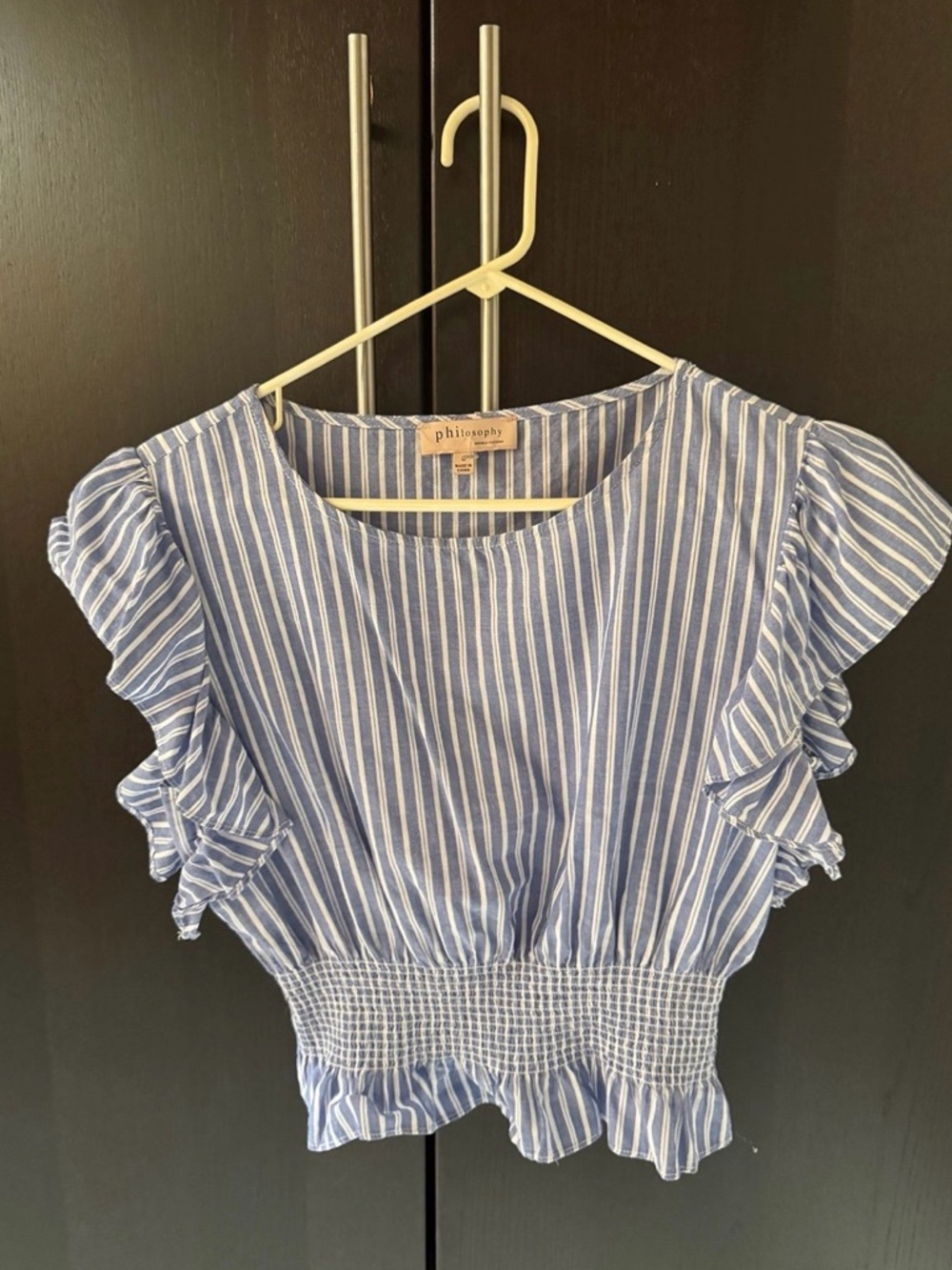 Philosophy Blue and White Vertical Stripe Top with Smocked Detail